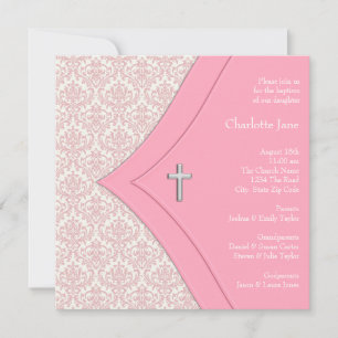 Convite Damask Cross Girl Rosa Baptism Christening