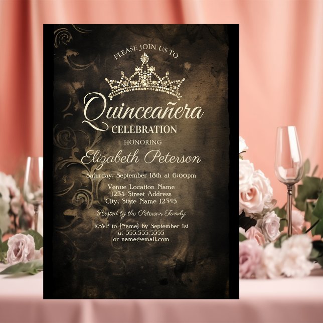 Convite Damask Dark Gothic Quinceañera (Criador carregado)