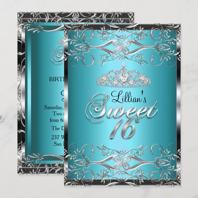 Convite Damask & Diamond Tiara Azul Prata Sweet 16 (Frente/Verso)