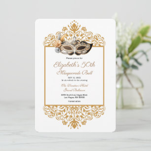 Convite Damask Dourado Mascarada Ball 50th Birthday Invita