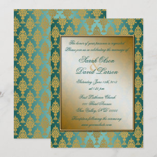 Convite Damask Dourado no Teal