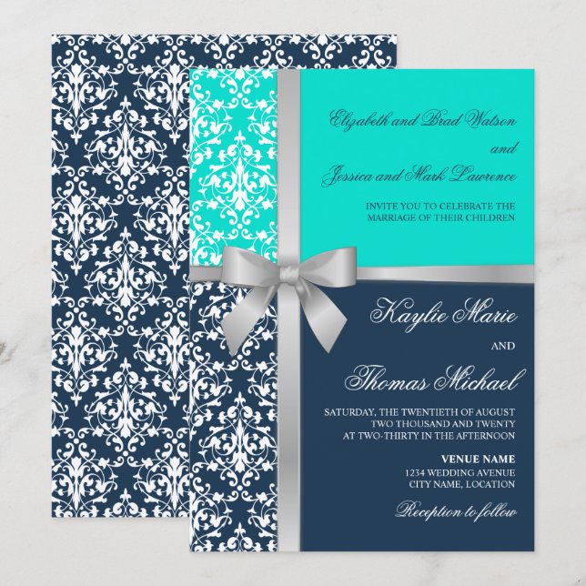 Convite Damask Faux Silver Ribbon Marinho Aqua Weding (Frente/Verso)