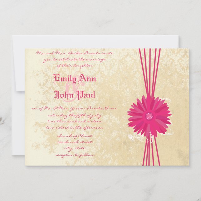 Convite Damask Fuchsia Gerber Daisy Weding Invitation (Frente)