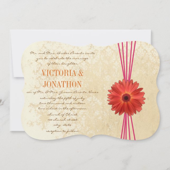 Convite Damask Fuchsia Gerber Daisy Weding Invitation (Frente)