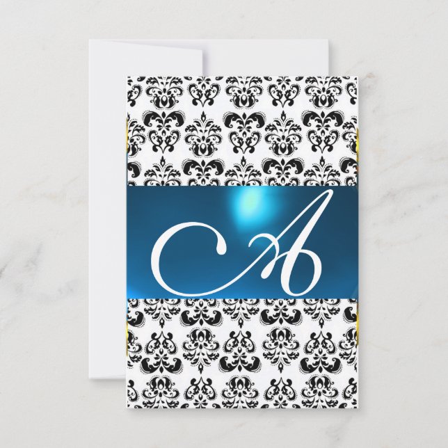 Convite DAMASK GEM MONOGRAM azul branco rsvp (Frente)