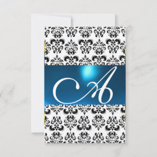 Convite DAMASK GEM MONOGRAM azul branco rsvp