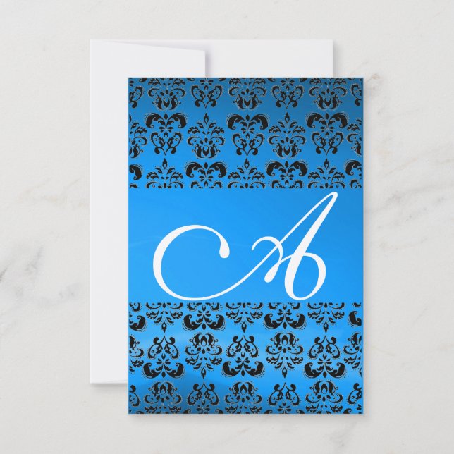 Convite DAMASK GEM MONOGRAM azul rsvp gold (Frente)