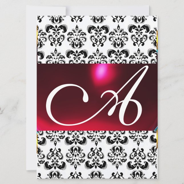 Convite DAMASK GEM MONOGRAM vermelho borgonha branco (Frente)