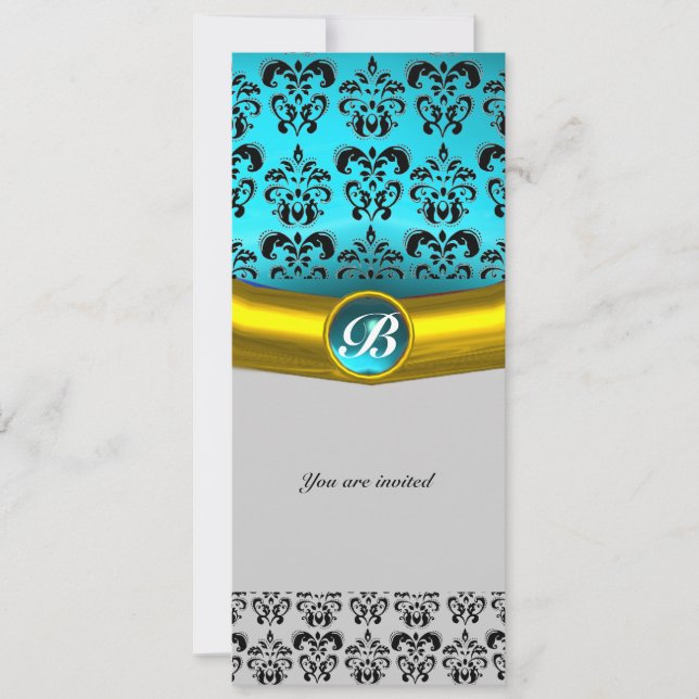 Convite DAMASK GEM STONE MONOGRAM, azul branco preto (Frente)