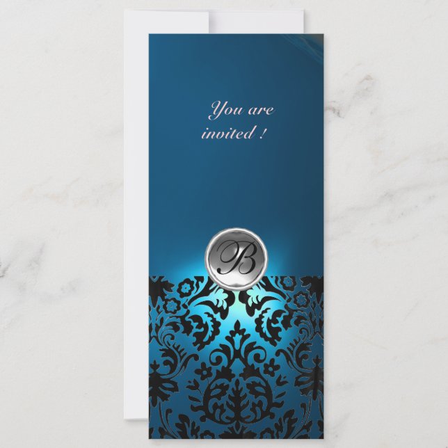Convite DAMASK GEM STONE MONOGRAM branco azul, teal (Frente)