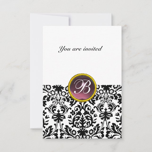 Convite DAMASK GEM STONE MONOGRAM branco roxo rsvp (Frente)