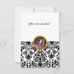 Convite DAMASK GEM STONE MONOGRAM branco roxo rsvp