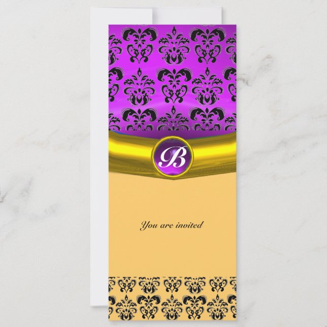 Convite DAMASK GEM STONE MONOGRAM violeta roxa, amarelo (Frente)
