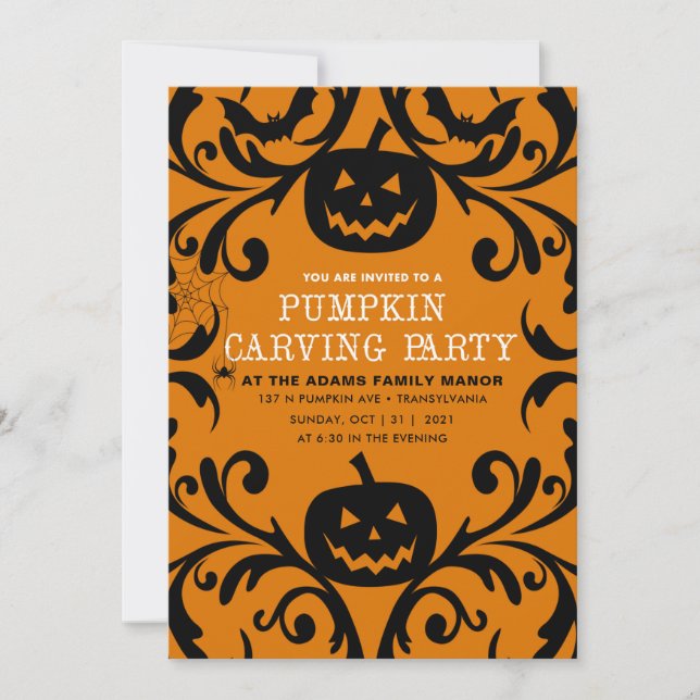 Convite Damask Glam Halloween Pumpkin Carving (Frente)