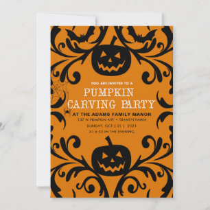 Convite Damask Glam Halloween Pumpkin Carving