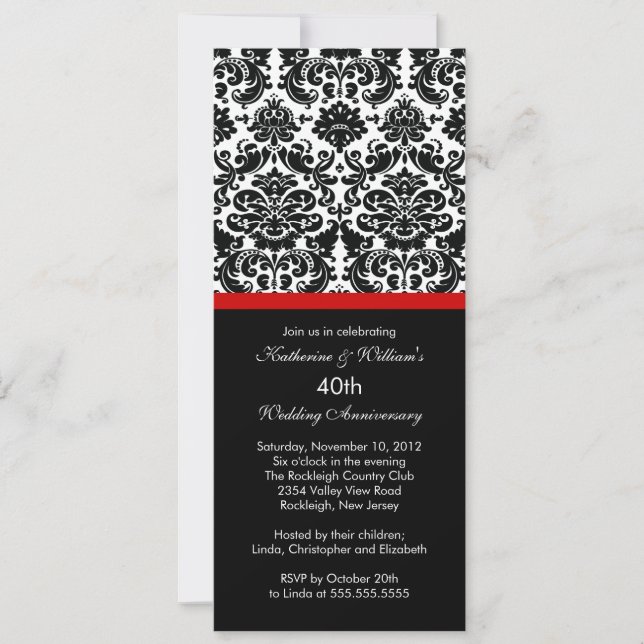 Convite Damask Invitation Red, 40 anos (Frente)