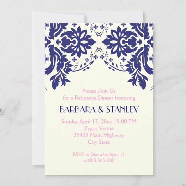 Convite Damask marinho azul, janto de ensaio de casamento  (Frente)