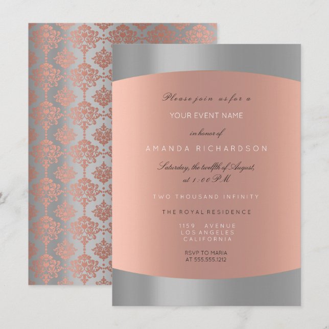 Convite Damask Minimal Cinza Rosa Dourado Elegante Real (Frente/Verso)