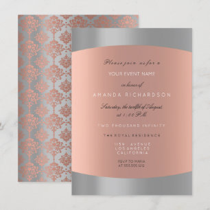 Convite Damask Minimal Cinza Rosa Dourado Elegante Real
