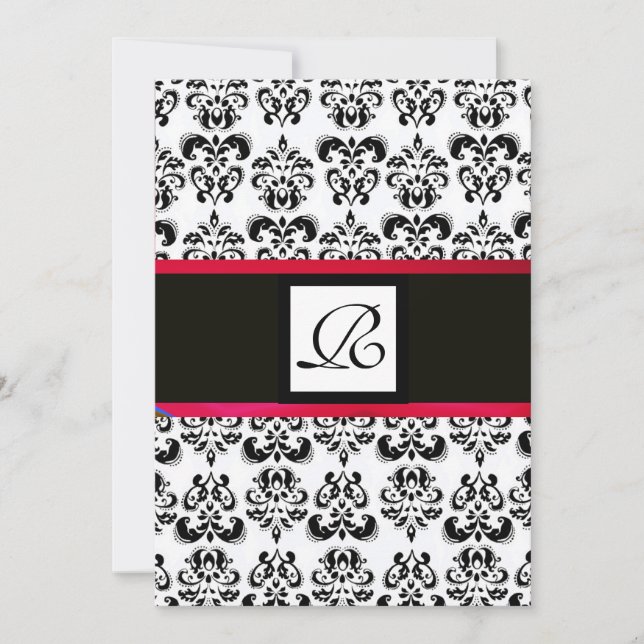 Convite DAMASK MONOGRAM, branco preto, vermelho (Frente)