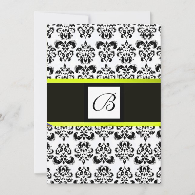 Convite DAMASK MONOGRAM,preto e branco,amarelo (Frente)