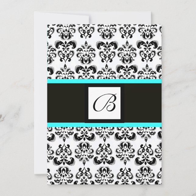 Convite DAMASK MONOGRAM, preto e branco, azul turquase (Frente)