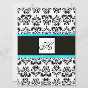 Convite DAMASK MONOGRAM, preto e branco, azul turquase