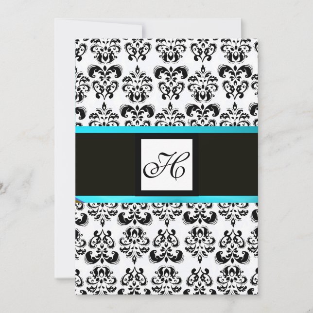 Convite DAMASK MONOGRAM, preto e branco, azul turquase (Frente)