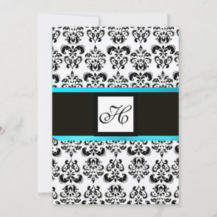 Convite DAMASK MONOGRAM, preto e branco, azul turquase
