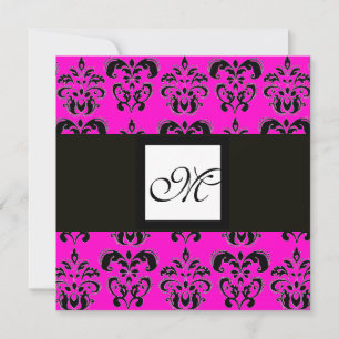 Convite DAMASK MONOGRAM, preto e branco, fúcsia rosa
