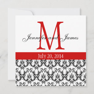 Convite Damask Monograma de Casamento do Elegante Vermelho