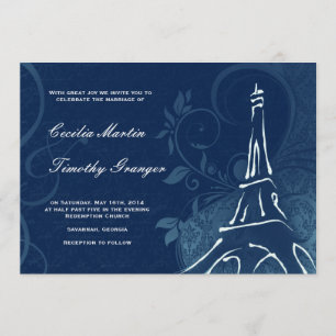 Convite Damask Parisienne - Casamento Azul Escuro