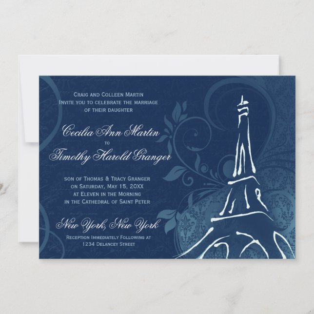 Convite Damask Parisienne - Casamento Azul Espanhol (Frente)