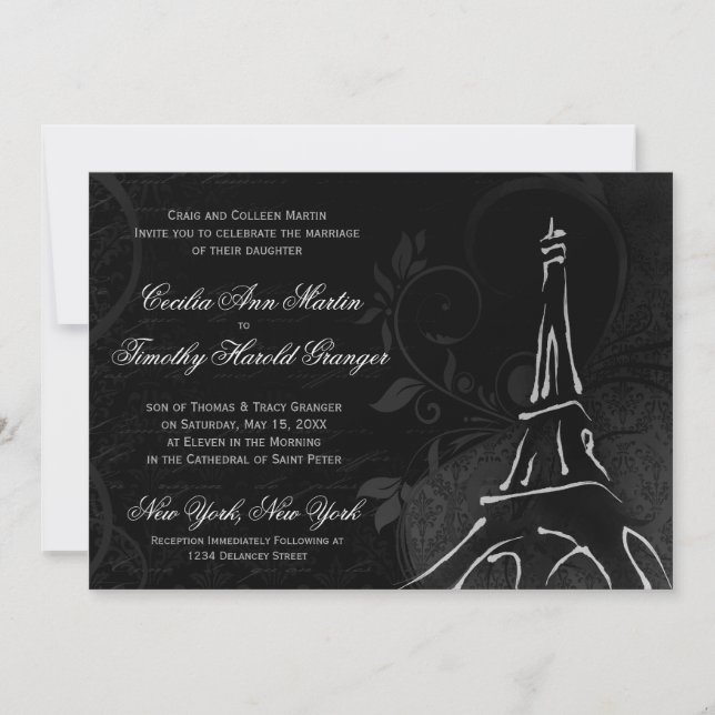 Convite Damask Parisienne - Casamento Negra à Meia-Noite (Frente)