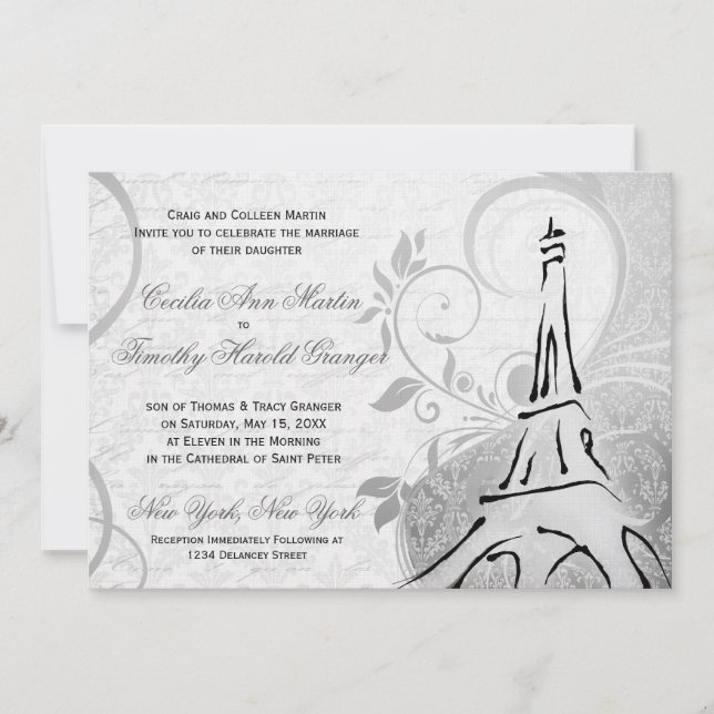 Convite Damask Parisienne - Casamento preto e branco legan (Frente)