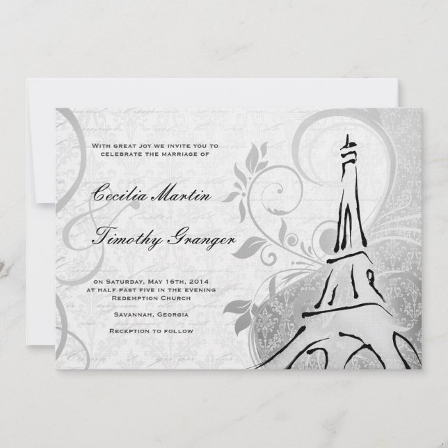 Convite Damask Parisienne - Casamento preto e branco legan (Frente)