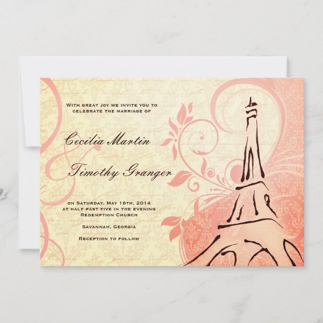 Convite Damask Parisienne - Casamento rosa e creme (Frente)