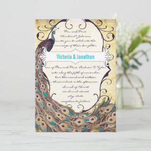 Convite Damask Peacock Elegance EggPlant Dourada e Aqua