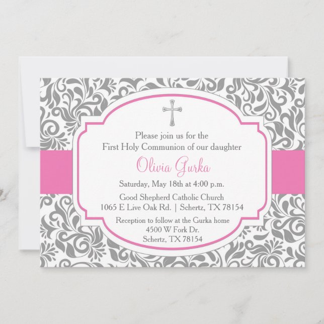 Convite Damask Pink Girls First Communcard (Frente)