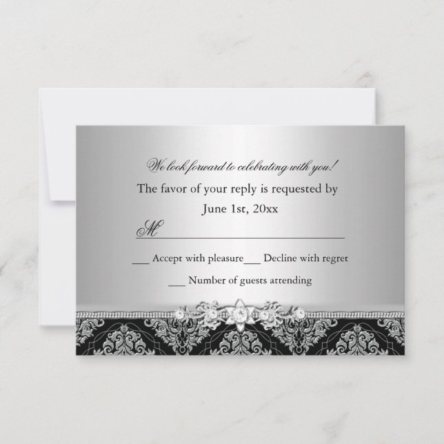 Convite Damask Prata e Preto RSVP (Frente)