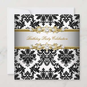 Convite Damask Preto Branco Dourado Prata Creme Festa Eleg