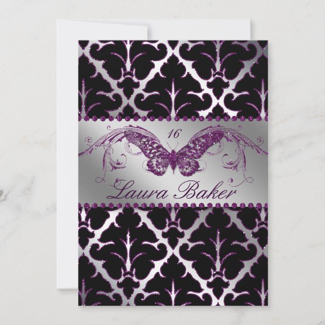 Convite Damask Purple Sparkle Butterfly Sweet 16 (Frente)