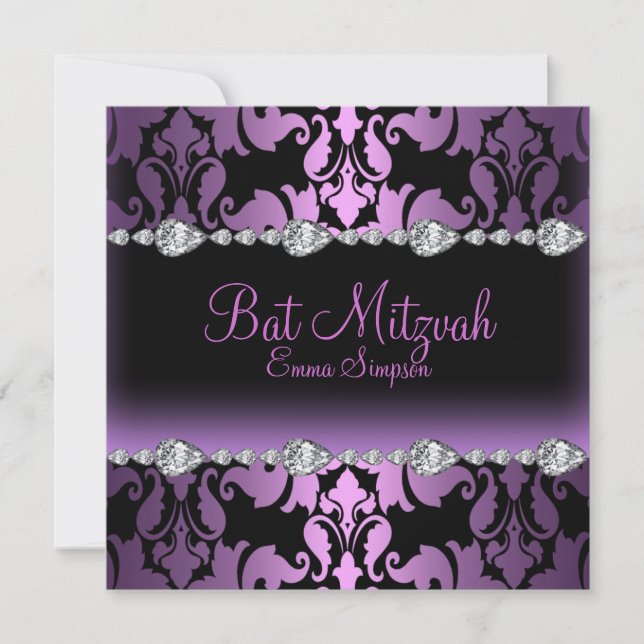Convite Damask Roxo e Diamond Bat Mitzvah Convidam (Frente)