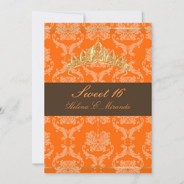 Convite Damask Sweet 16/laranja chocolate tiara/cor seca (Frente)