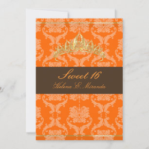 Convite Damask Sweet 16/laranja chocolate tiara/cor seca