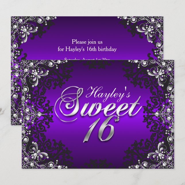 Convite Damask Sweet 16 Pérola Preta Roxo Prata (Frente/Verso)