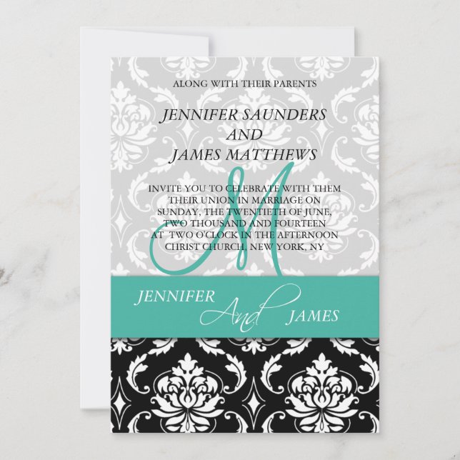 Convite Damask Turquoise Monogramas Nomes de Casamento Con (Frente)