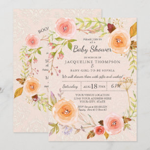 Convite Damask Typografia Blush n Dourado Watercolor Flora