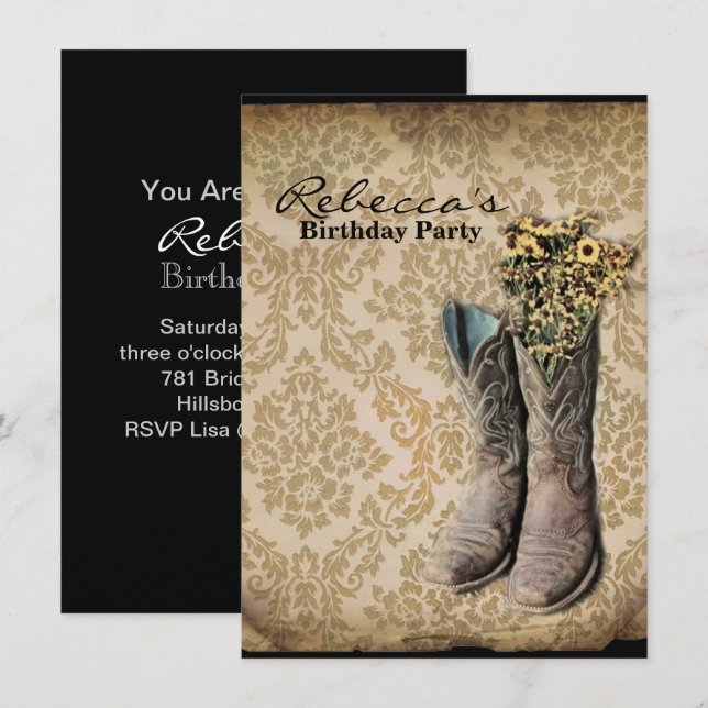 Convite Damask wildflower Western Country Cowboy party (Frente/Verso)