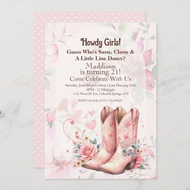 Convite Dança de Aniversário da Cowgirl (Frente/Verso)